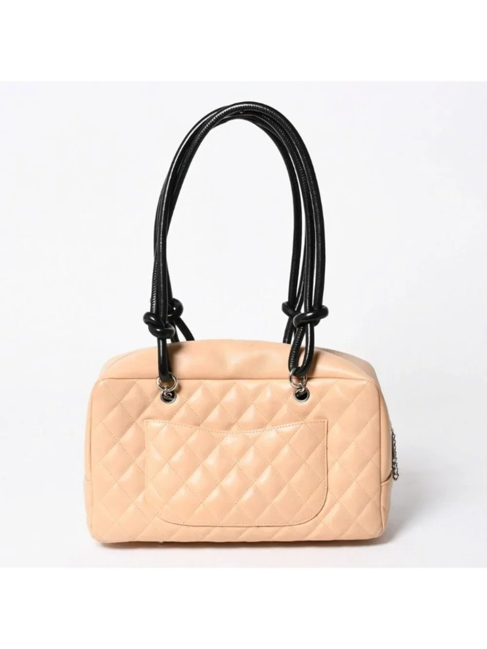 Chanel Cambon Line Bowling Bag Lambskin Beige Black CC Logo Silver